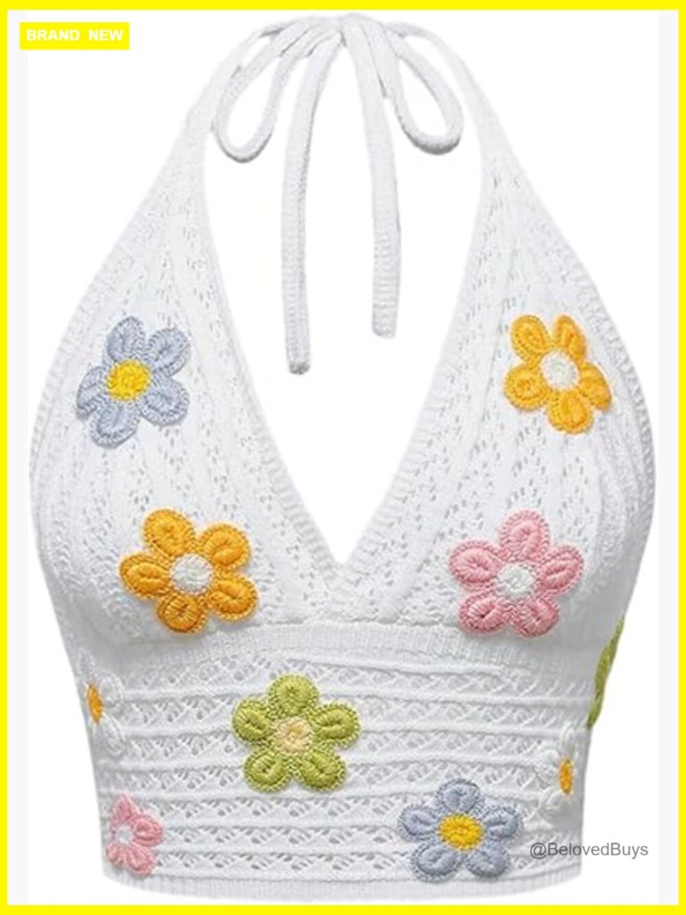 Y2K Crochet Halter Crop Top, 70s Hippie Boho Floral Knit Cami Tank